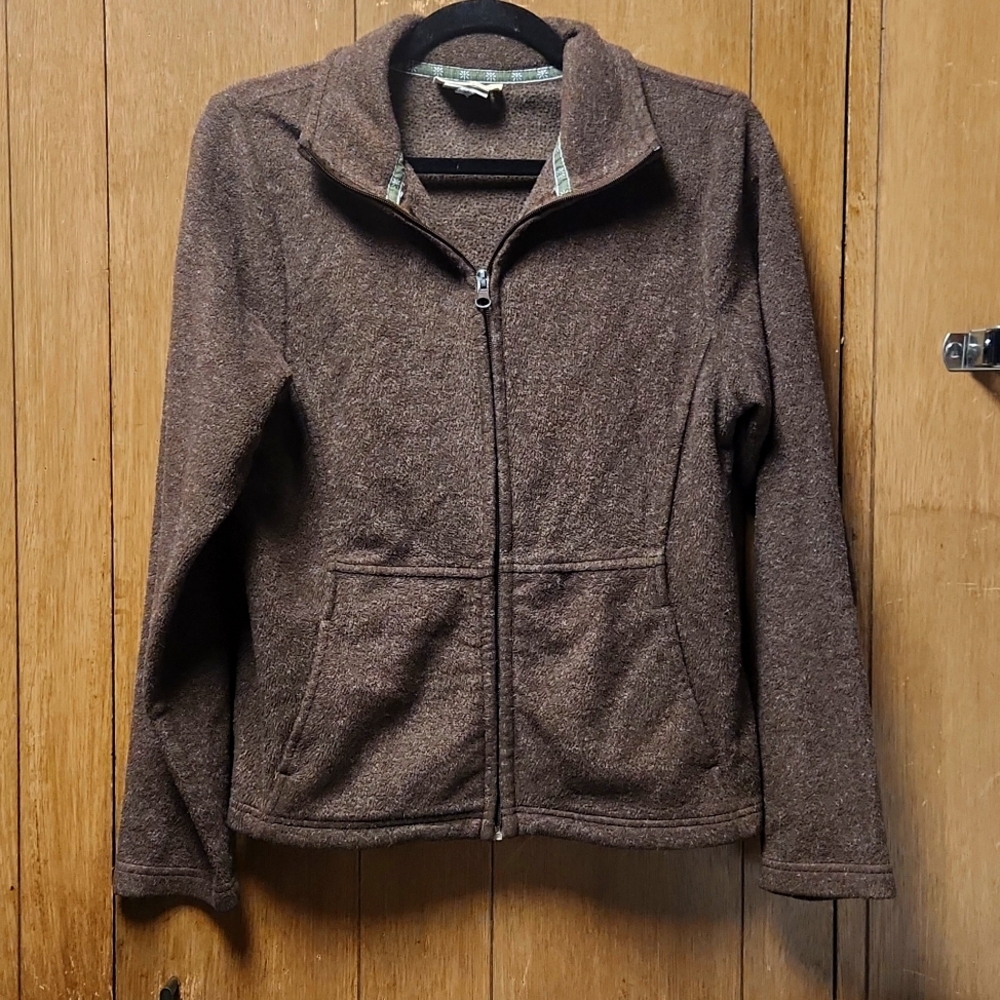 Dakini small zip up collared fuzzy brown long sleeve sweater jacket